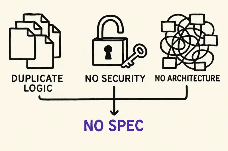 Three failure patterns in vibe-coded startups: inconsistent code, missing security, and weak architecture