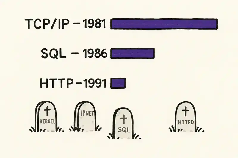 Protocols like TCP/IP, SQL, and POSIX persist while every implementation gets rewritten