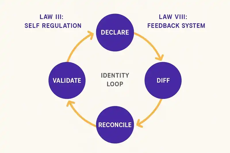 The self-regulating reconciliation loop — declare identity, diff against code, reconcile, validate — mapping Lehman's Law III and Law VIII to a continuous feedback cycle