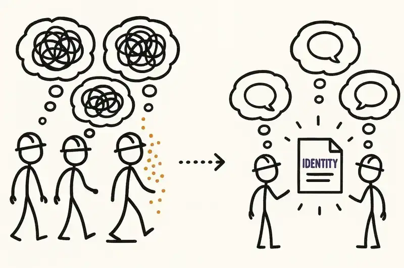 The familiarity problem externalized — from fragile knowledge trapped in individual heads to a shared identity declaration that survives team turnover