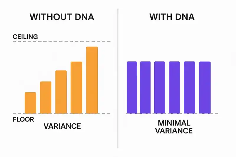 Without DNA, developer output quality varies wildly — with DNA, the floor rises to meet the ceiling