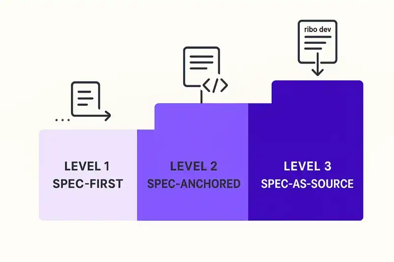 Three levels of spec-driven development maturity: spec-first, spec-anchored, and spec-as-source
