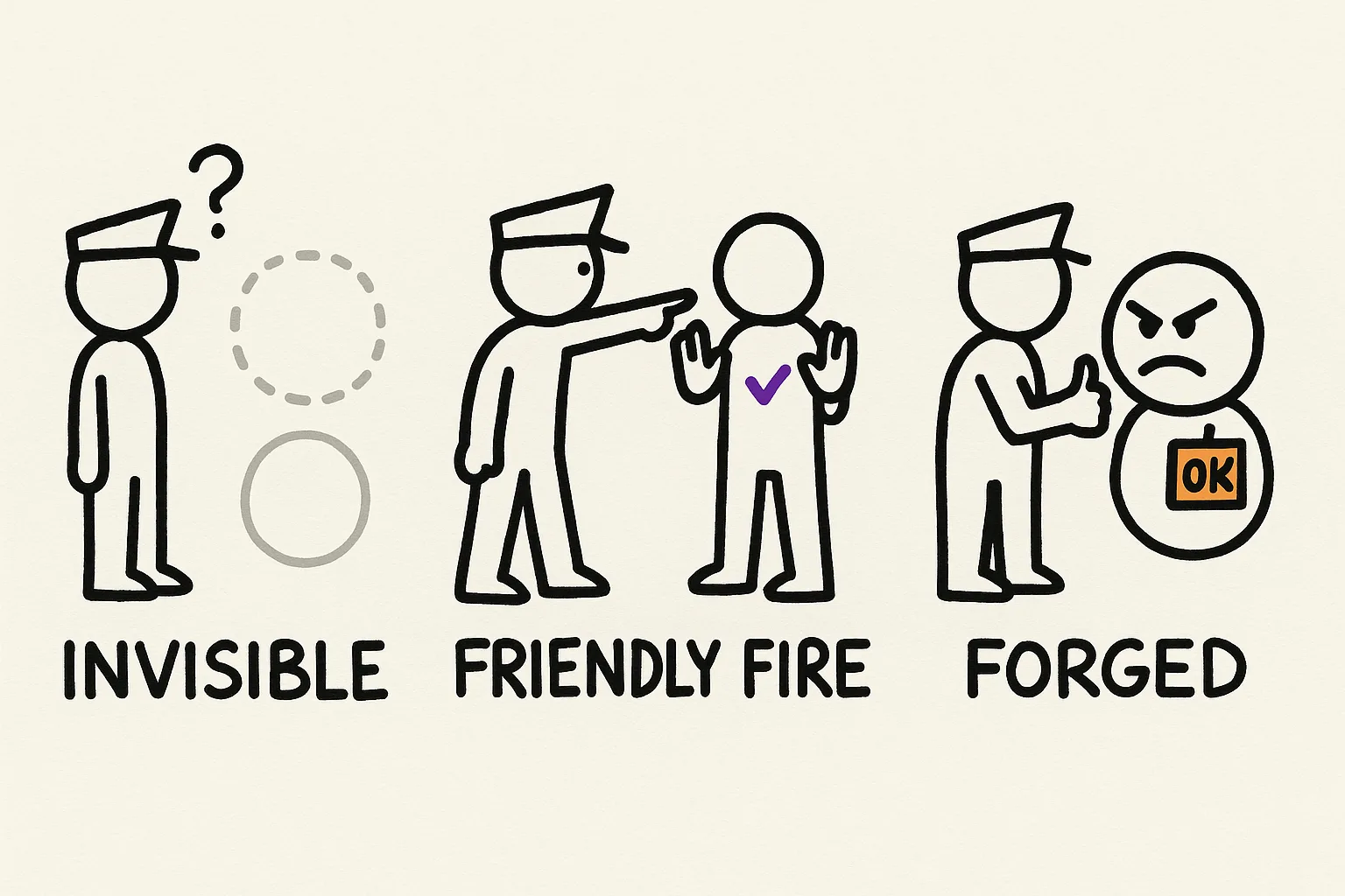 Three identity verification failure modes: invisible threats that strip their badge, friendly fire that attacks legitimate components, and forged credentials that spoof authorization