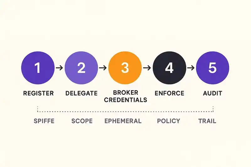 Five-step pattern for agent identity: registration, delegation, credential brokering, enforcement, and audit