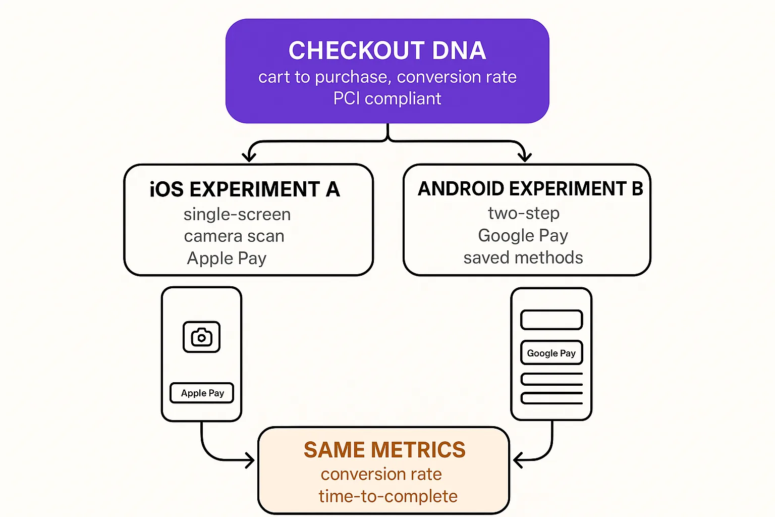 Same checkout DNA at top diverges into two platform experiments with different UX approaches, converging on the same success metrics at the bottom