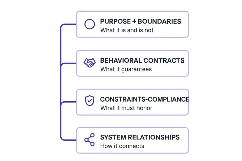 Four components of Software DNA: purpose, behavioral contracts, constraints, and system relationships