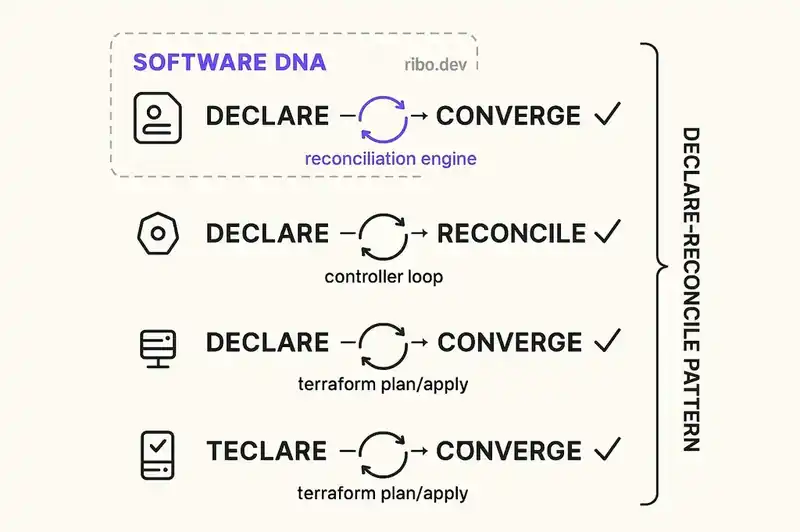 The declare-reconcile pattern that won for Kubernetes and Terraform applied to software identity