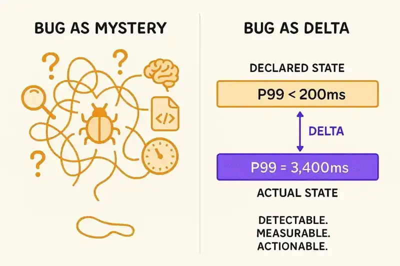 Reframing bugs from mysteries to investigate into deltas between declared intent and actual behavior