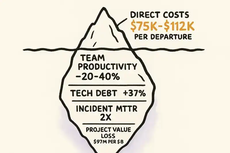 The hidden cost iceberg: visible documentation costs above the surface, invisible knowledge loss below