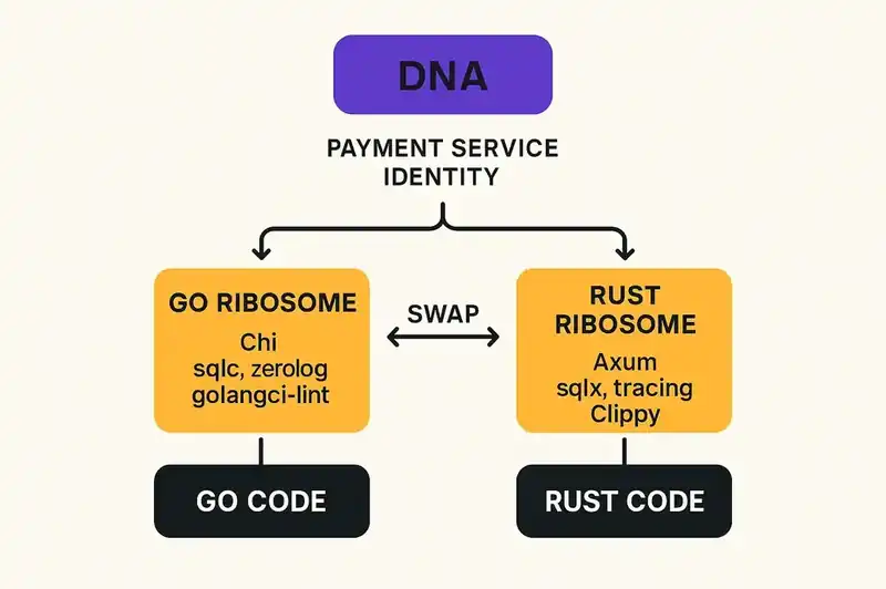 A rewrite as a ribosome swap — same DNA identity for a payment service, but swapping the Go ribosome for a Rust ribosome produces entirely different code
