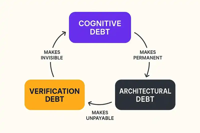 The compounding cycle where each type of AI debt reinforces and accelerates the others