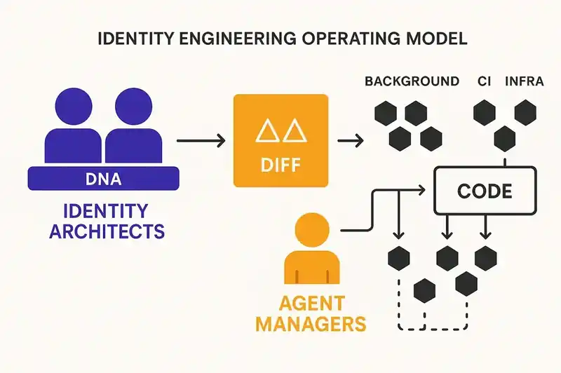 Identity engineering operating model: identity architects define the DNA, agents diff against it and implement changes, agent managers oversee the process.