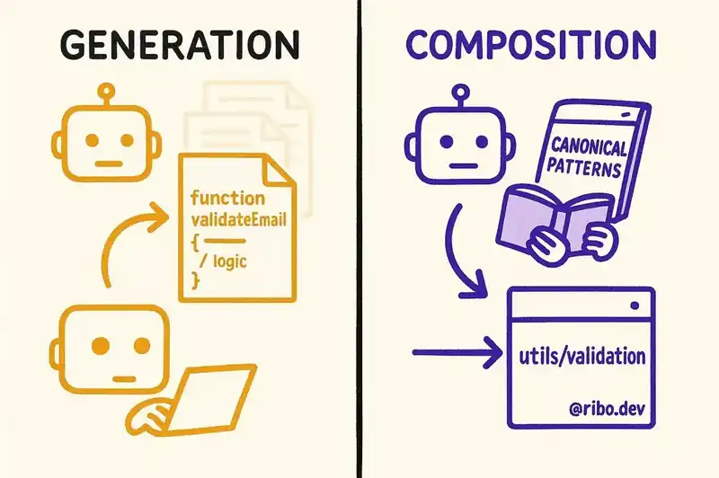 The difference between generating new code each time and composing from existing components