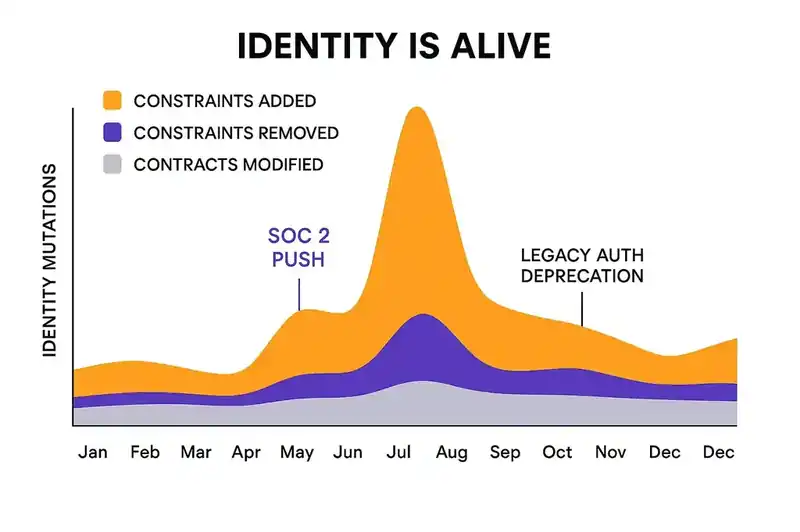 An identity changelog that tracks what the software is, separate from what the code does